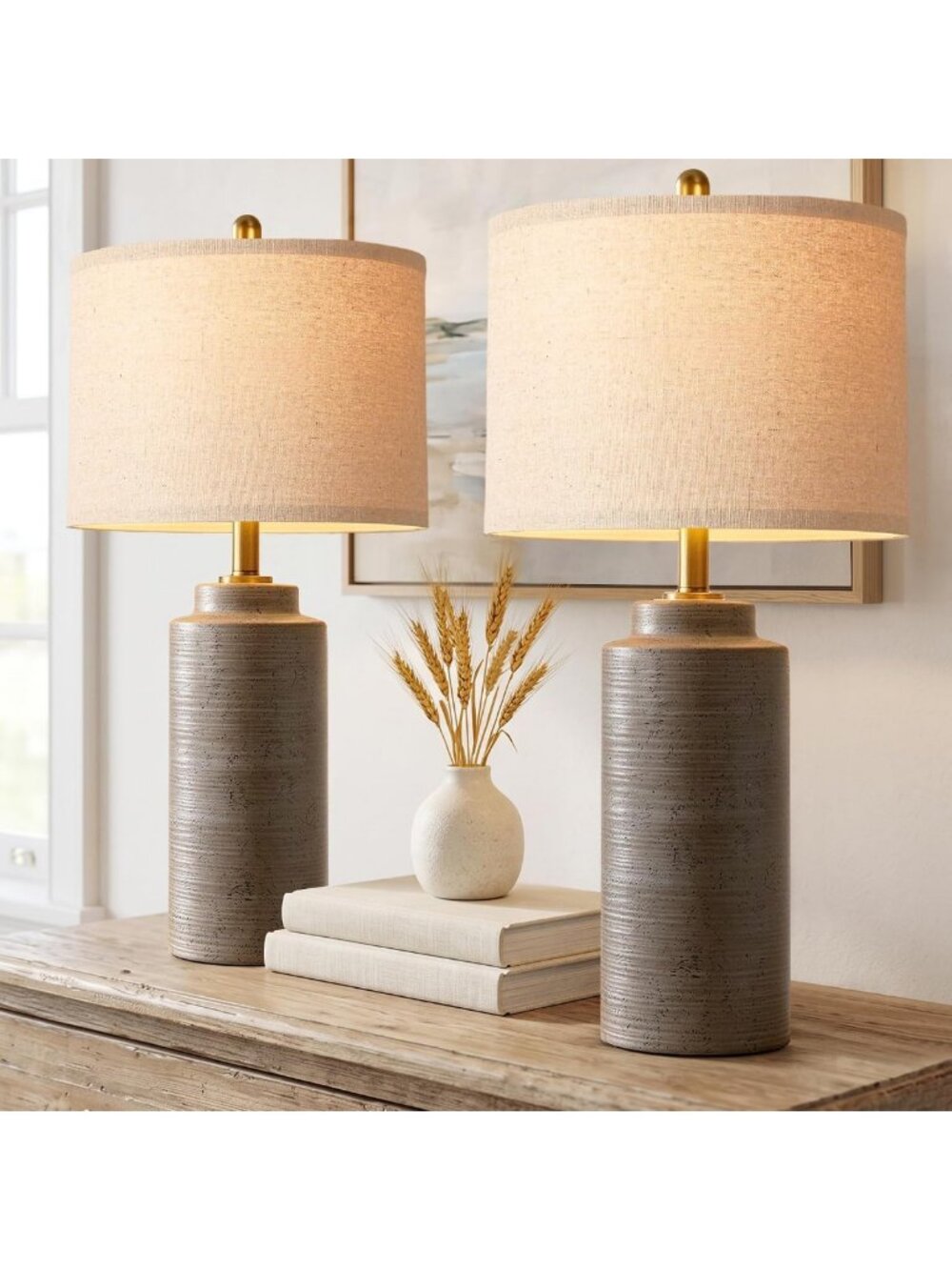Set of 2 Vintage Ceramic Table Lamps - Rustic Farmhouse Style, Ribbed Texture